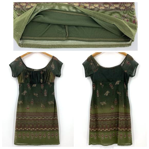 Scarlet Green and Sparkly Gold Paisley Cap Sleeve Ruched Bust Dress, 7 DAMAGED - Picture 12 of 16